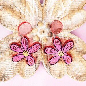 Acrylic Pink Flower Earrings Post Back‎ NWT